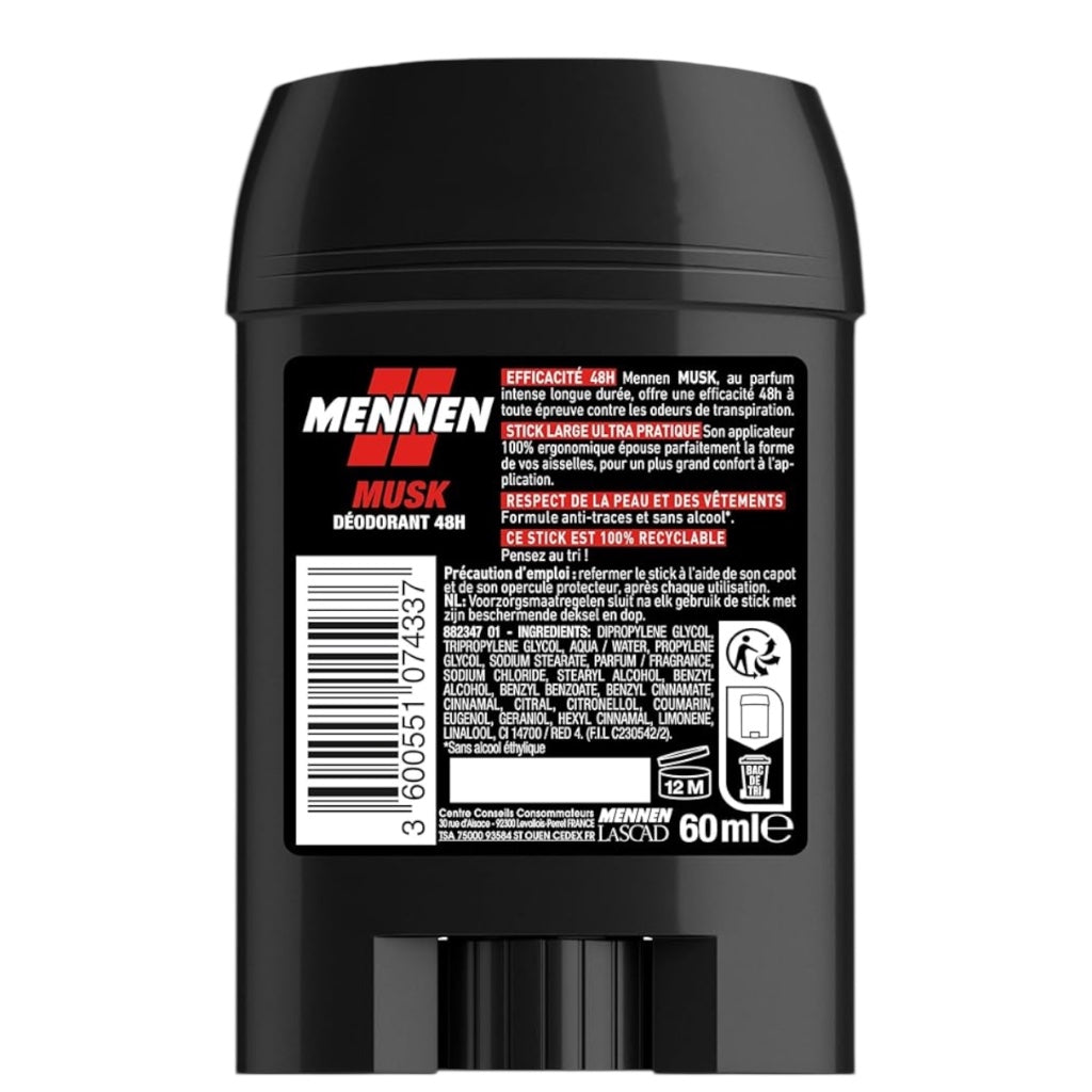 Mennen Musk Deodorant Homme 24H Stick Large Sans Alcool Anti Traces