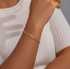 سوار نسائي مطلي بالذهب، بتصميم سلسلة متشابكة مطروقة من الفولاذ المقاوم للصدأ