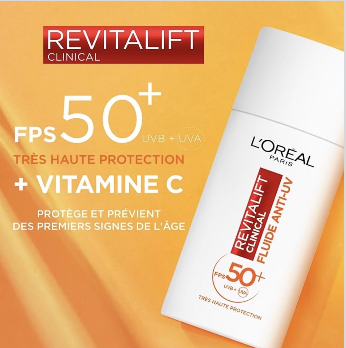 سائل لوريال باريس المضاد للأشعة فوق البنفسجية بعامل حماية من الشمس 50+، فيتامين سي + فيتامين إي + حمض الهيالورونيك، للبقع الداكنة والتجاعيد ولون البشرة غير الموحد، لمسة نهائية غير مرئية