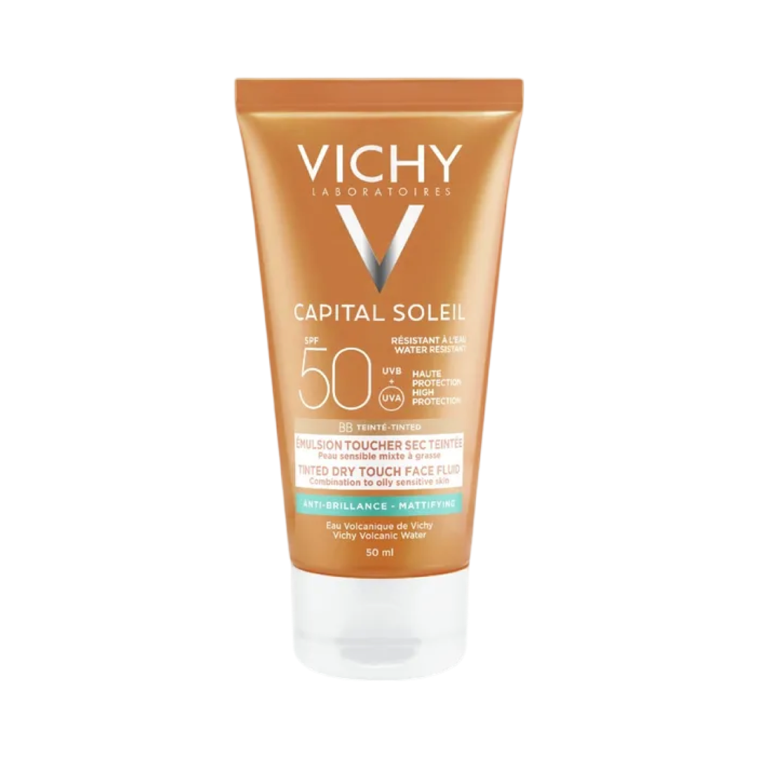 Vichy Capital Soleil SPF50 BB Teinté Hâle Naturel Emulsion Toucher Sec, Peau Sensible Mixte à Grasse, Crème solaire