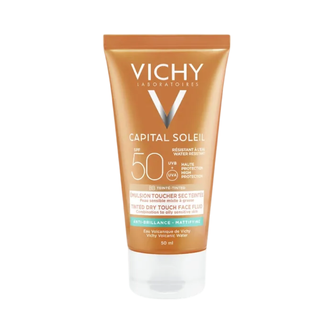 Vichy Capital Soleil Crème Solaire Spf50 Bb Teinté Hâle Naturel Emulsion Toucher Sec, Peau Sensible Mixte À Grasse