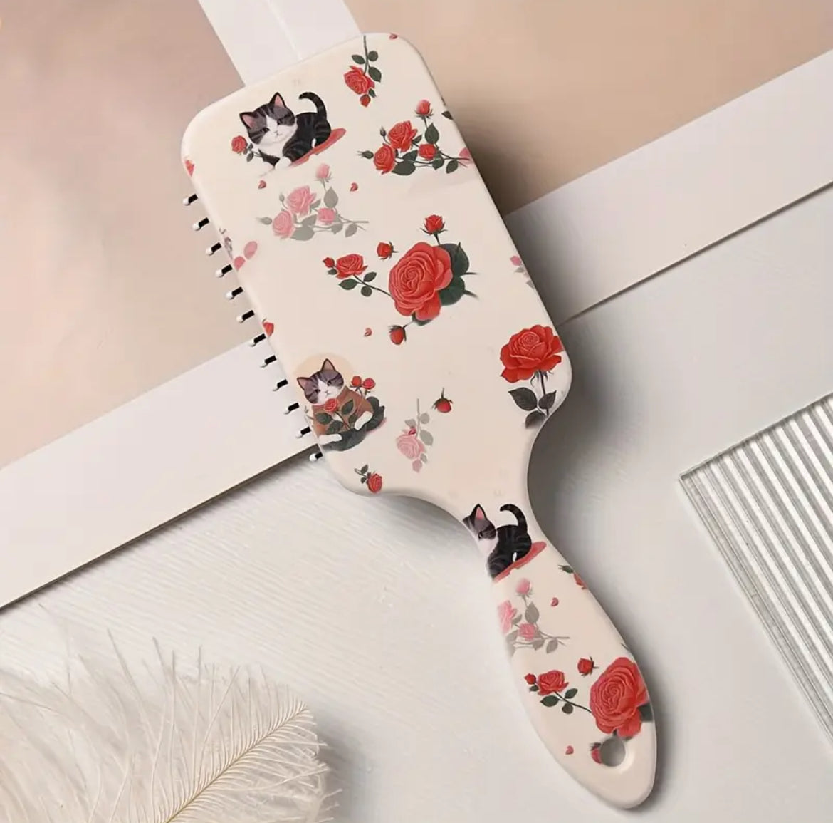 مشط هوائي لطيف على شكل قطة، فرشاة شعر كبيرة من شعيرات النايلون للفتيات، وفك تشابك الشعر مضاد للكهرباء الساكنة، بتصميم زهرة وقط