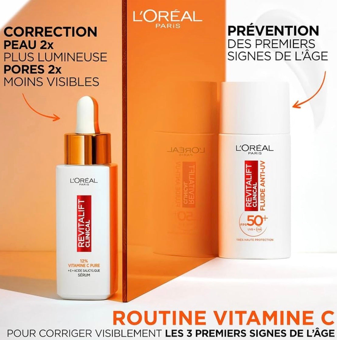 سائل لوريال باريس المضاد للأشعة فوق البنفسجية بعامل حماية من الشمس 50+، فيتامين سي + فيتامين إي + حمض الهيالورونيك، للبقع الداكنة والتجاعيد ولون البشرة غير الموحد، لمسة نهائية غير مرئية