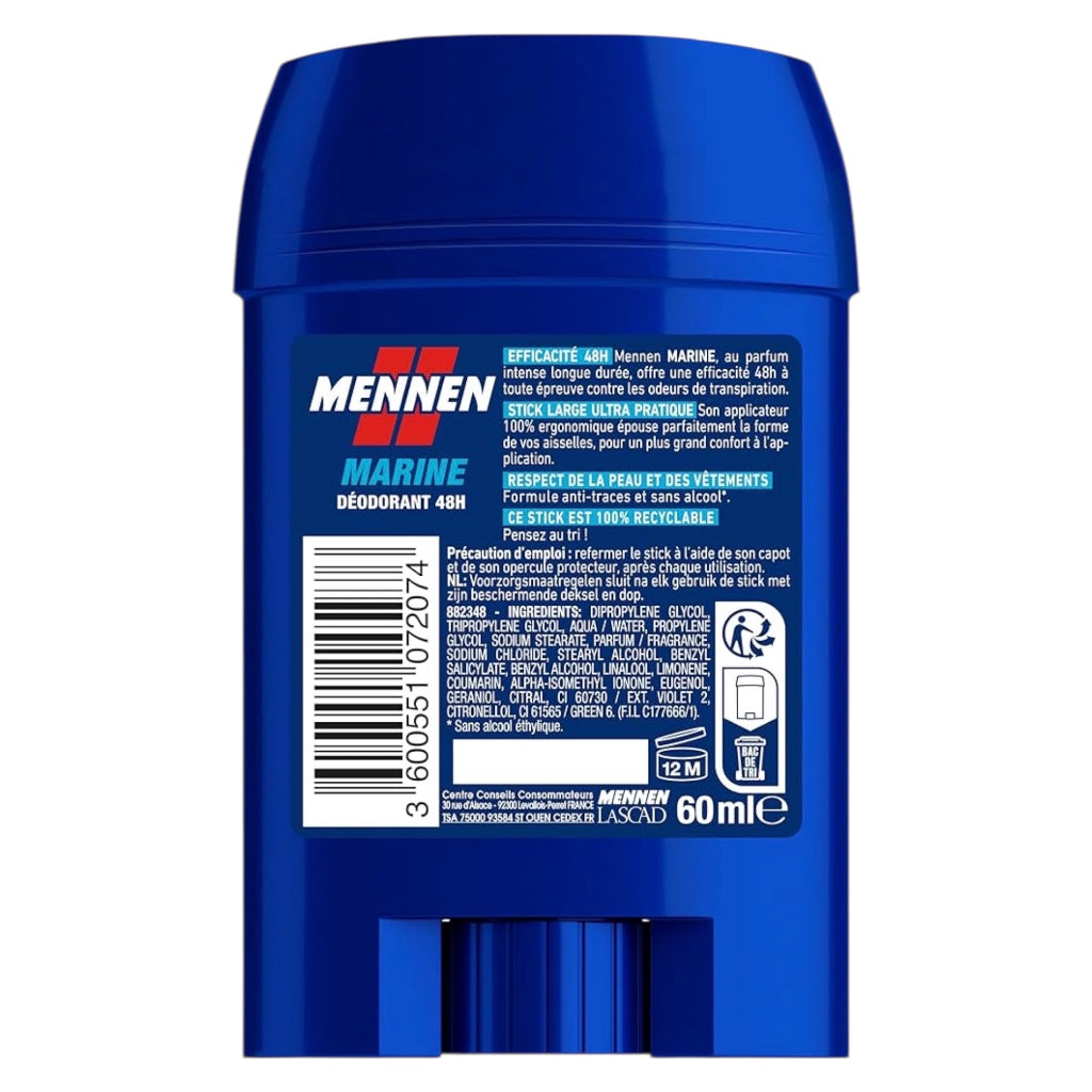 Mennen Marine Déodorant Homme 24H Stick Large Sans Alcool Anti-Traces