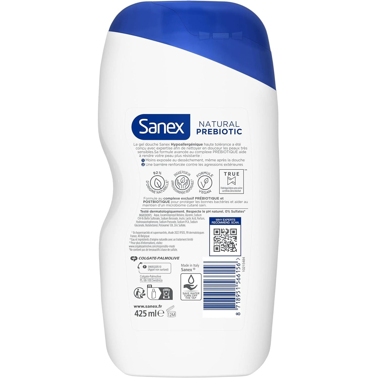 Sanex Gel Douche Natural Prebiotic Hypoallergénique Hydratation 12H
