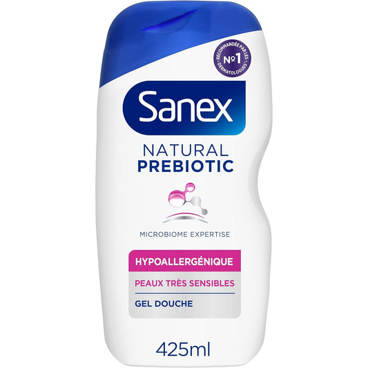 SANEX - Natural Prebiotic Hypoallergénique Gel Douche  - Hydratation 12h - Complexe Prébiotique & Postbiotique - Testé Sous Contrôle Dermatologique 425ml