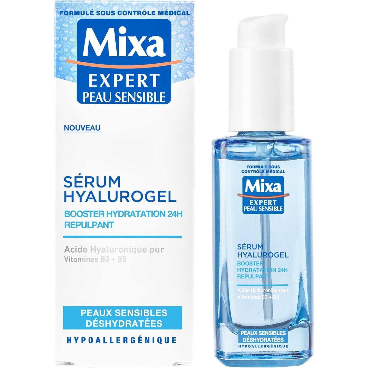 Mixa Expert Peau Sensible - Sérum Hyalurogel - Booster Hydratation 24h Repulpant - Acide Hyaluronique Pur, Vitamine B3 + B5