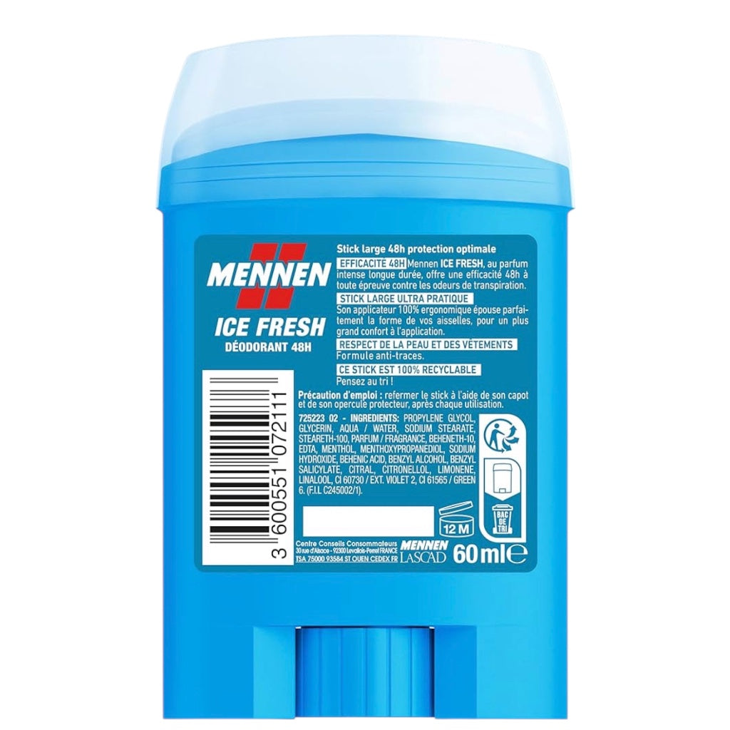 Mennen Ice Fresh Deodorant Homme 24H Stick Large Sans Alcool Anti Traces