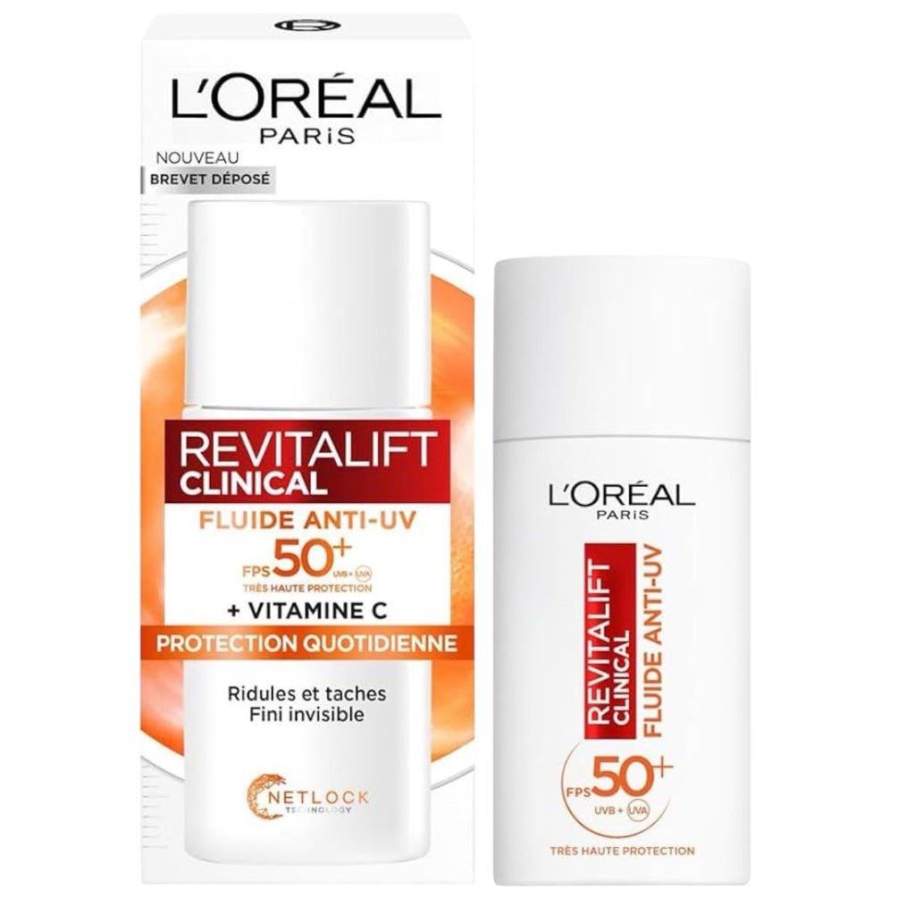 سائل لوريال باريس المضاد للأشعة فوق البنفسجية بعامل حماية من الشمس 50+، فيتامين سي + فيتامين إي + حمض الهيالورونيك، للبقع الداكنة والتجاعيد ولون البشرة غير الموحد، لمسة نهائية غير مرئية