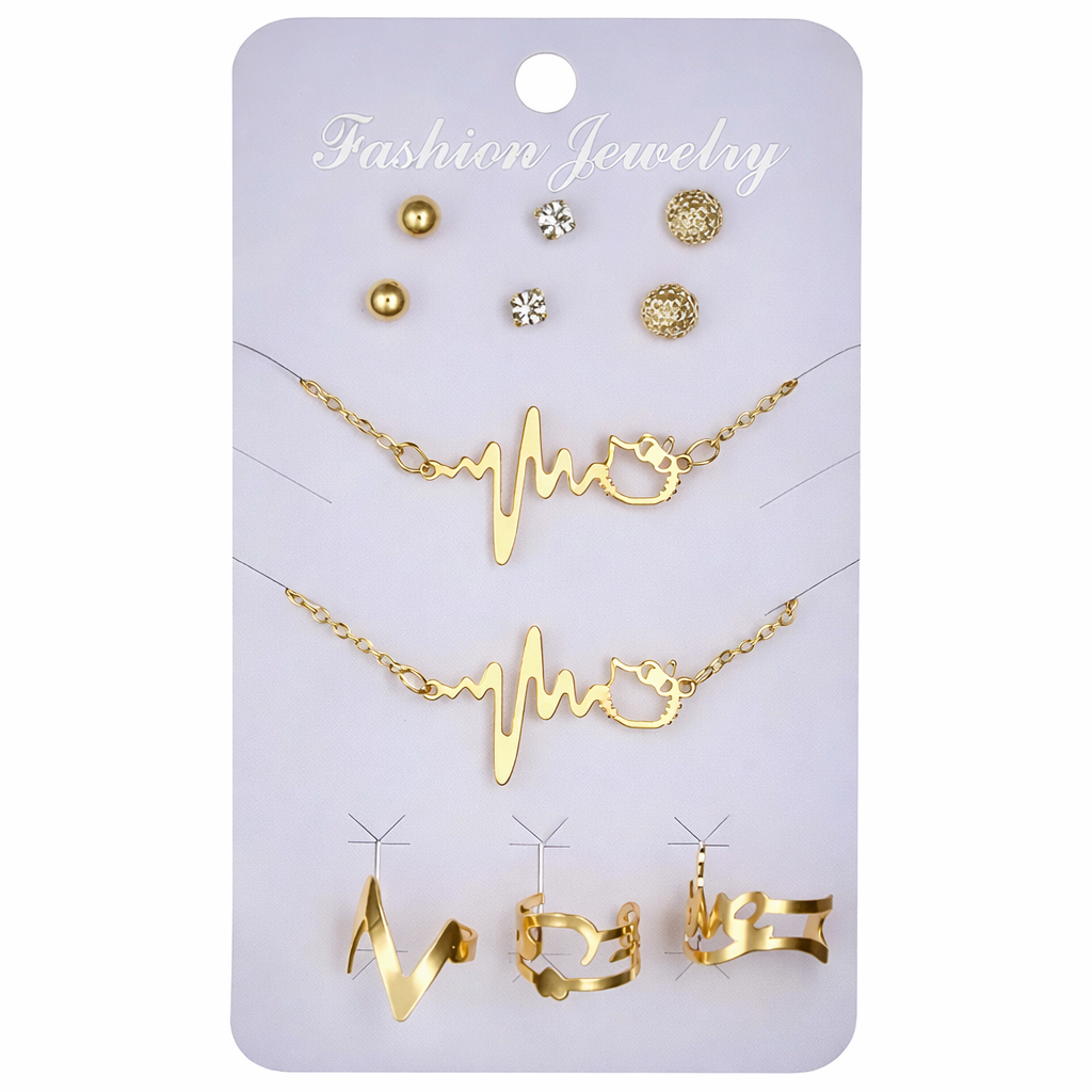 مجموعة مجوهرات على شكل سلسلة من الخرز للنساء والفتيات، أقراط على شكل حب، سوار، خاتم، هالو كيتي، حلية مجوفة، مطلية بالذهب، قلادة على شكل نبضات قلب