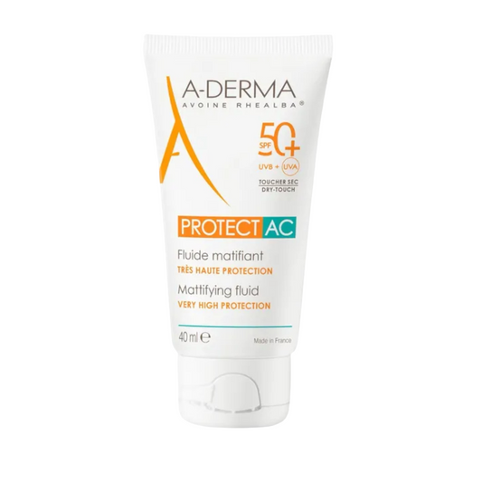 A-DERMA Protect AC - Fluide Matifiant Très Haute Protection 50+ - Visage - Peaux Mixtes à Grasses