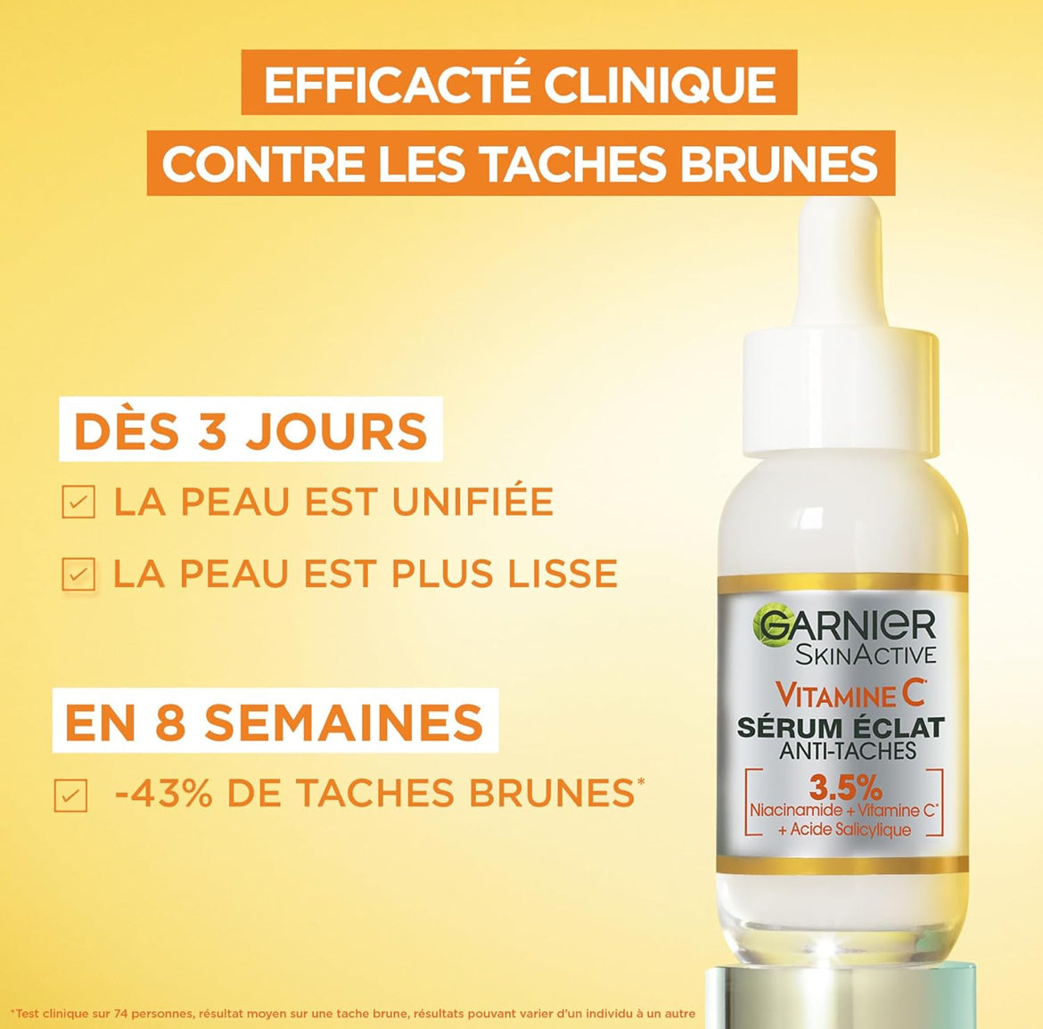 Garnier Skin Active Sérum Éclat Anti-Taches  Soin Visage Enrichi en Vitamine C, Acide Salicylique & Niacinamide  Tous Types de Peaux