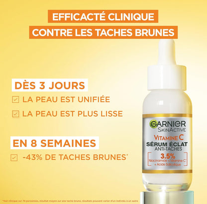 Garnier Skin Active Sérum Éclat Anti-Taches  Soin Visage Enrichi en Vitamine C, Acide Salicylique & Niacinamide  Tous Types de Peaux