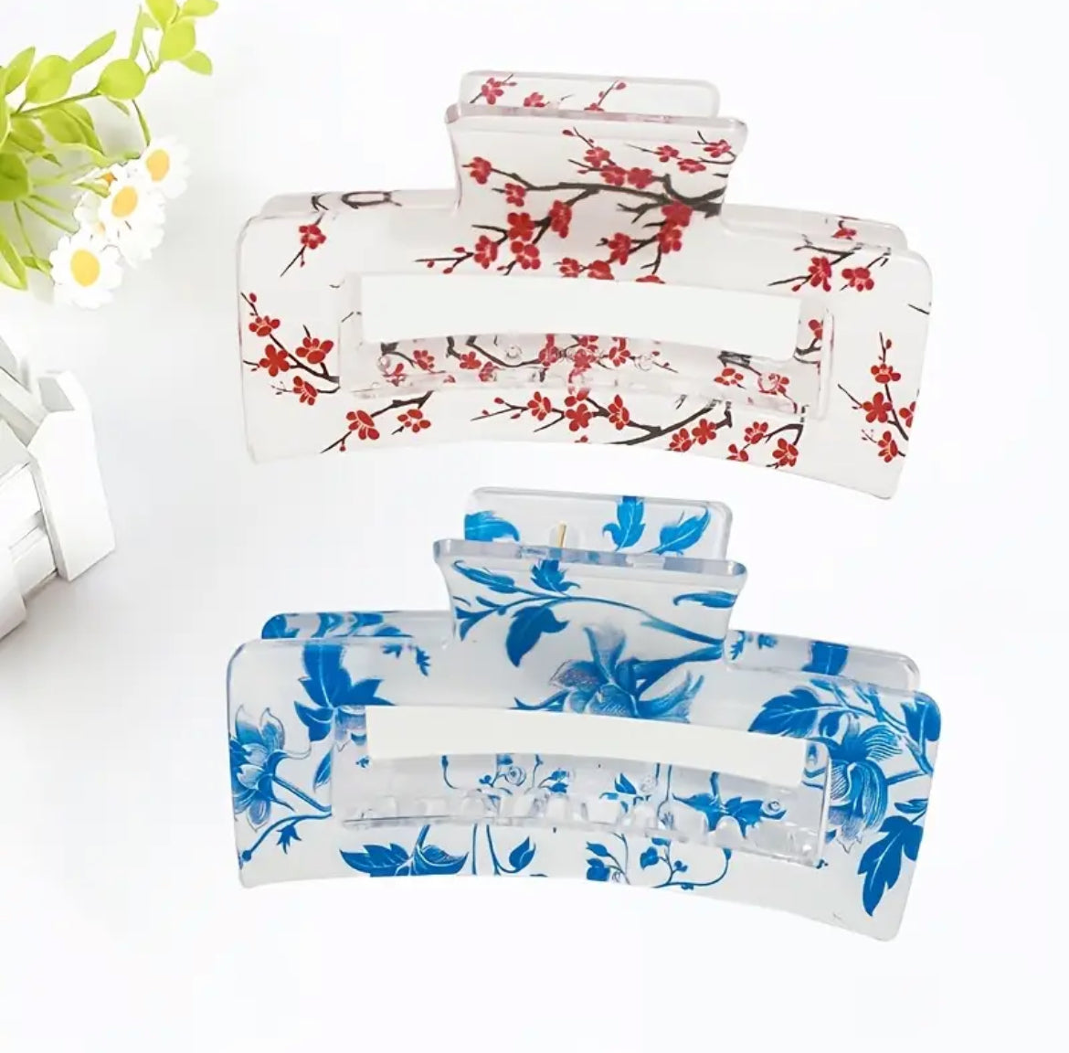 Pinces À Cheveux Élégantes À Motif Floral Pour Femmes - Design Fleur De Cerisier Rose & Bleu