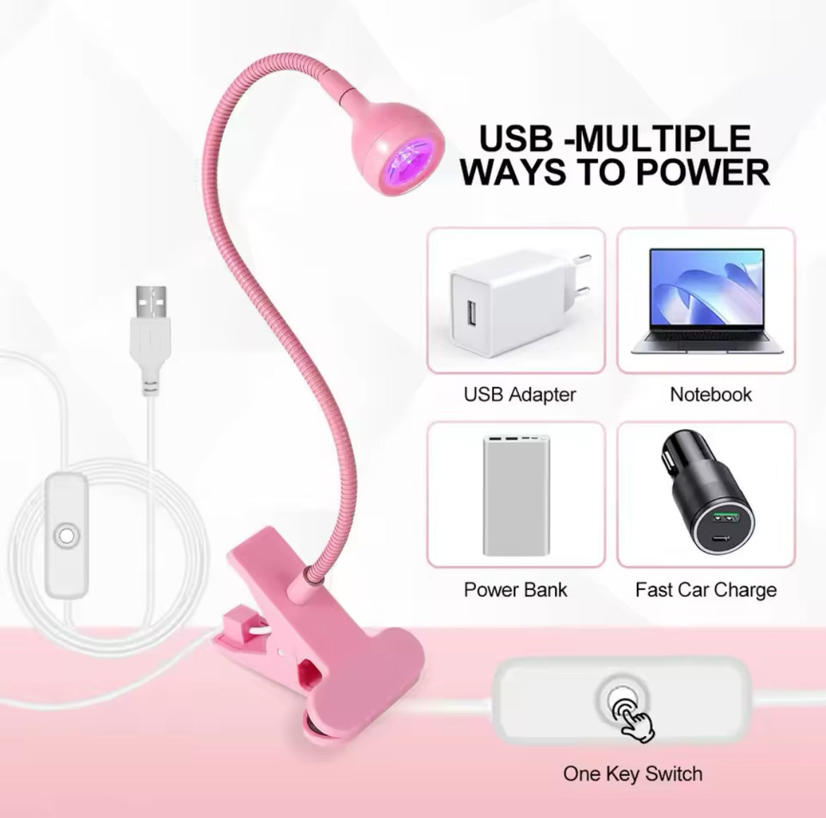 مصباح تجفيف طلاء الأظافر بالأشعة فوق البنفسجية LED، مشبك سطح مكتب مرن، مجفف أظافر محمول صغير بمنفذ USB، أدوات صالون تجميل الأظافر بزاوية 360 درجة