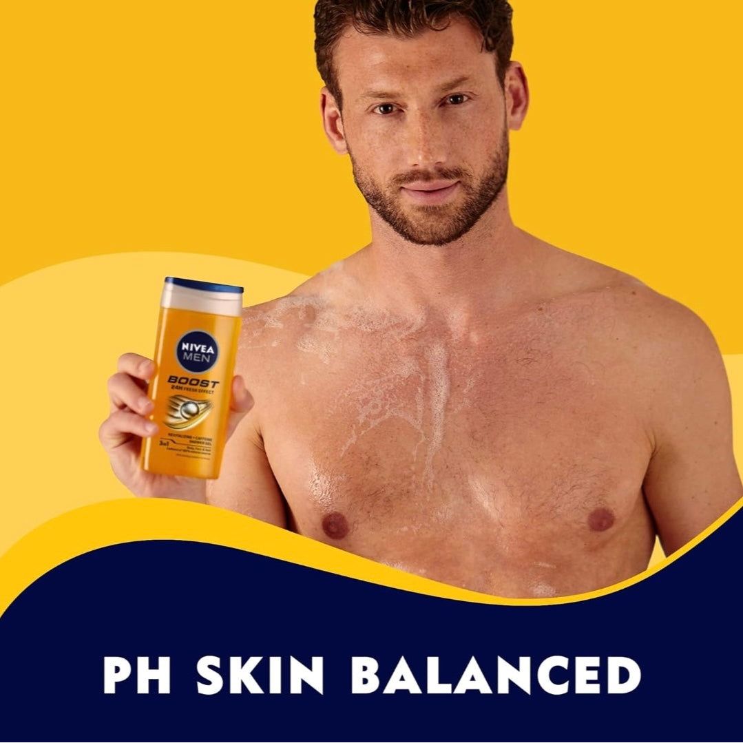 جل الاستحمام نيفيا للرجال 3 في 1، غسول للجسم، يعزز الطاقة لمدة 24 ساعة، غني بالكافيين وتركيبة قابلة للتحلل الحيوي