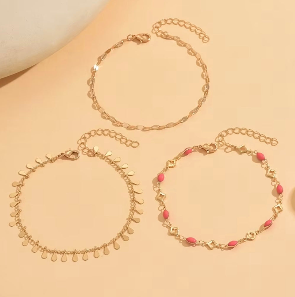 Lot De Bracelets De Cheville Bohème Dorés À Perles Roses