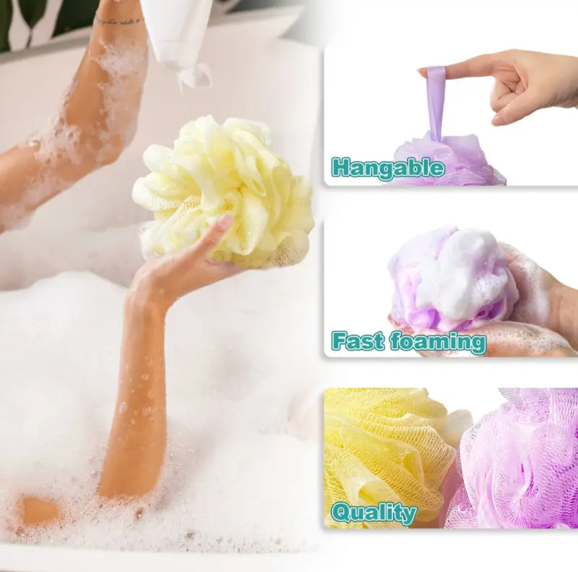 إسفنجات استحمام ملونة، كرات استحمام شبكية ناعمة بمقابض وشريط ربط، قطعة واحدة