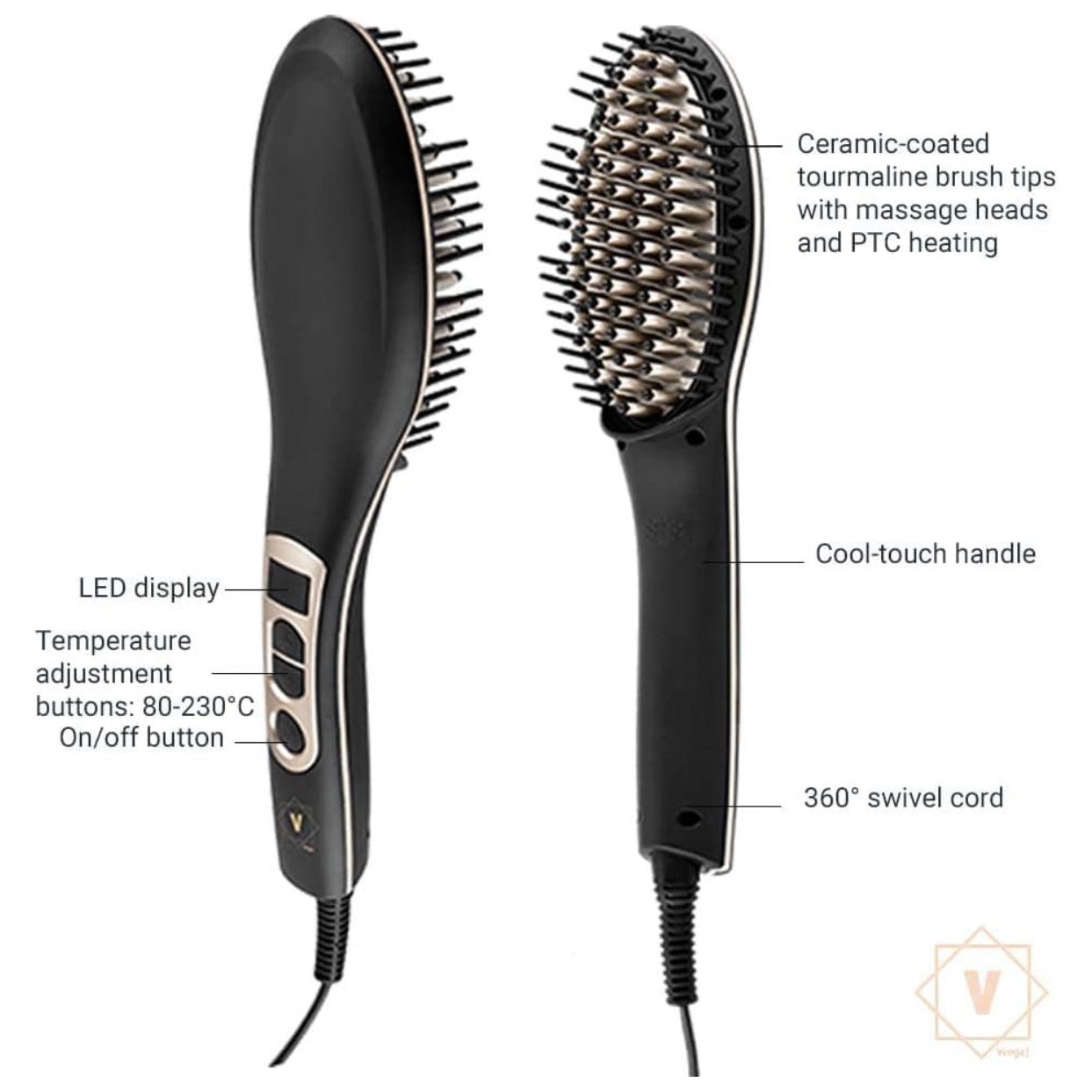 Venga! Brosse Lissante, Contrôle Numérique de la Température 80-230°C, Revêtement en Céramique avec Tourmaline Ionique, Pointes Massantes, Chauffage PTC, Noir/Or, 70 W, VG LS 3000