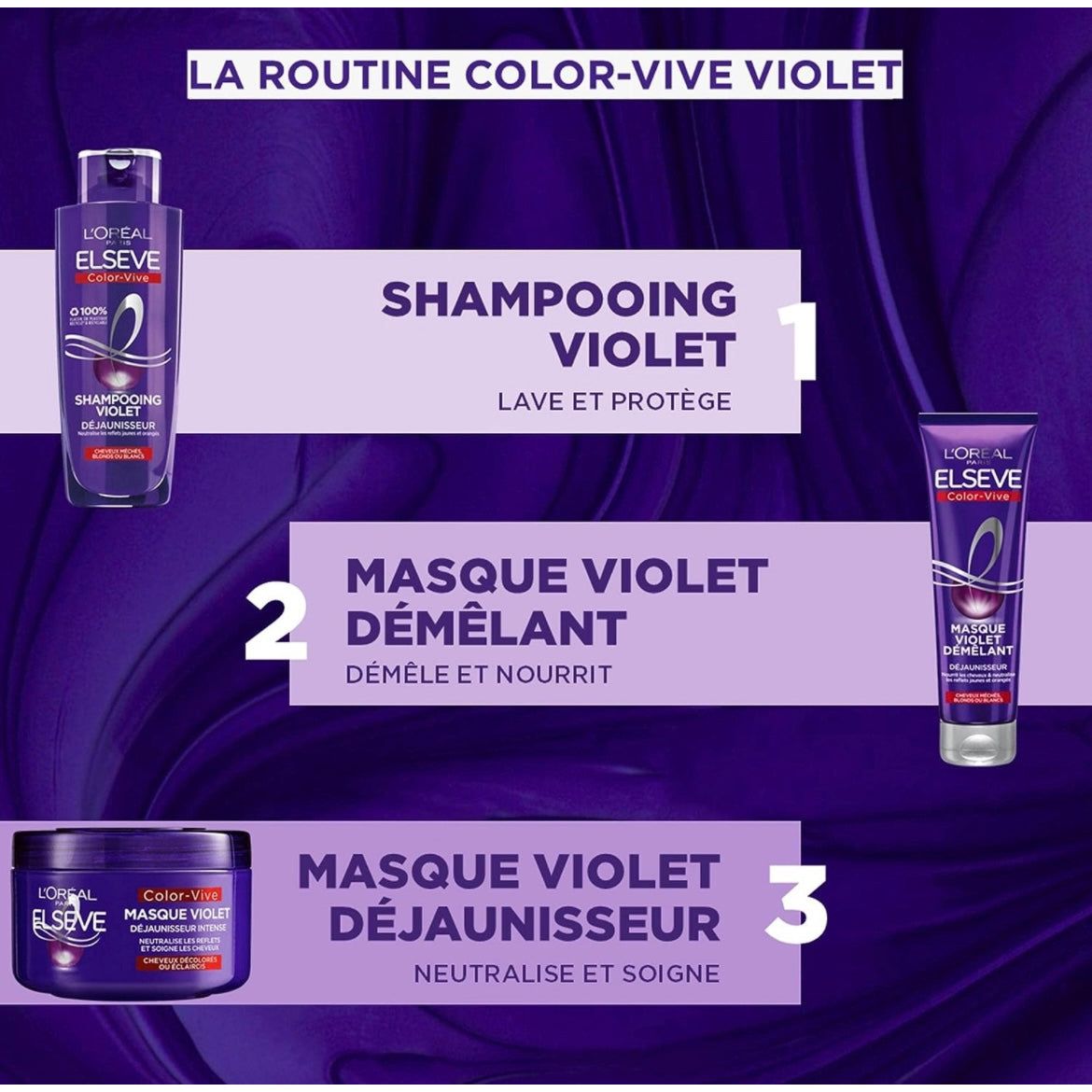 L'Oréal Paris - Masque Violet Déjaunisseur Intense - Pour Cheveux Décolorés ou Éclaircis - Neutralisation des Reflets Jaunes & Orangés - Elseve Color-Vive