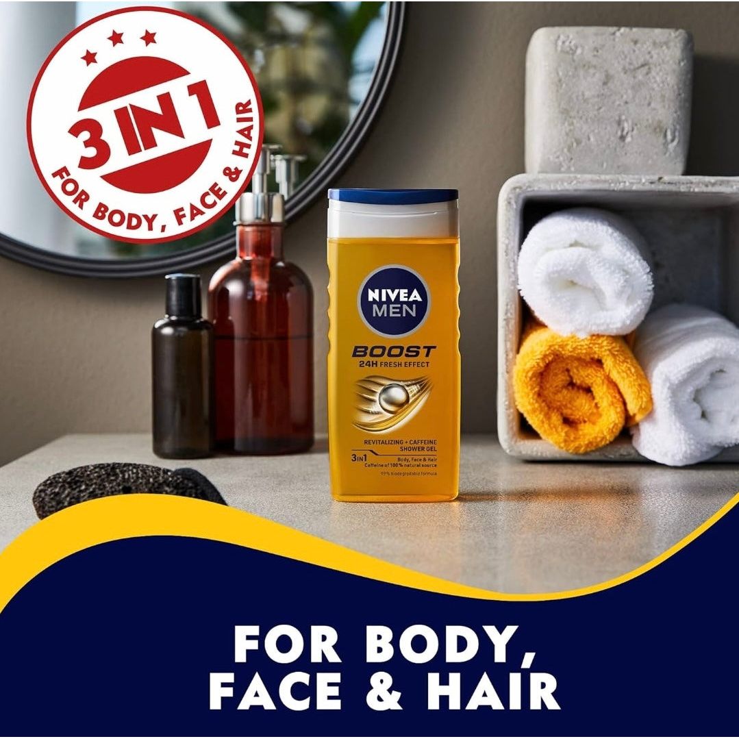 nivea men 3in1 shower gel body wash, boost 24h energy caffeine & biodegradable formula