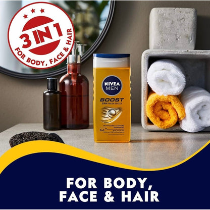 nivea men 3in1 shower gel body wash, boost 24h energy caffeine & biodegradable formula