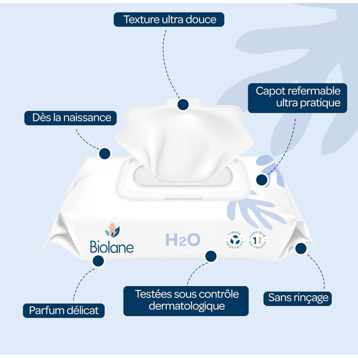 Biolane Lingettes nettoyantes H2O à l'eau - Bébé, 72 lingettes