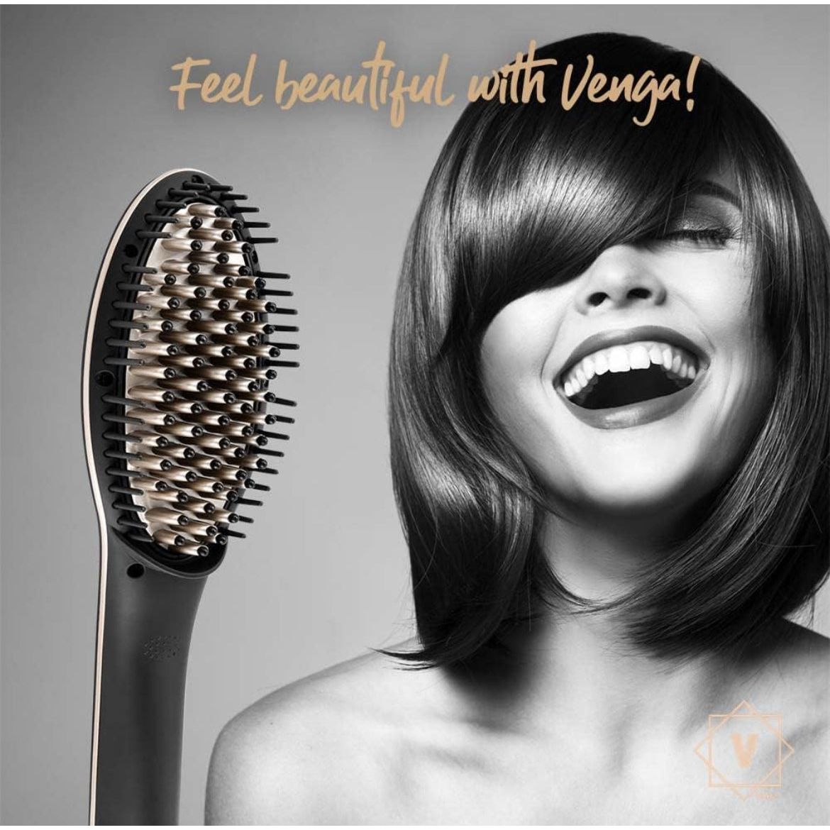 Venga! Brosse Lissante, Contrôle Numérique de la Température 80-230°C, Revêtement en Céramique avec Tourmaline Ionique, Pointes Massantes, Chauffage PTC, Noir/Or, 70 W, VG LS 3000