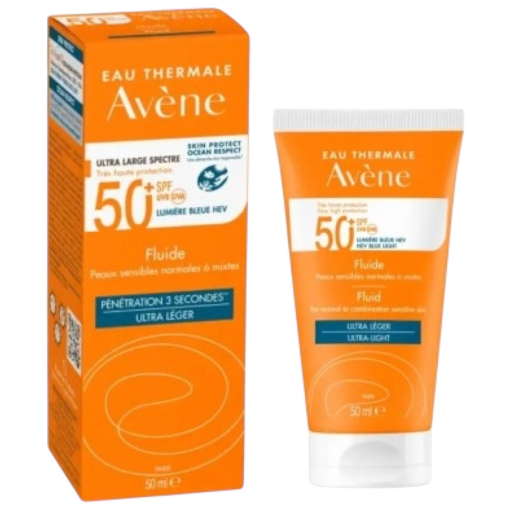 Avène Crème Solaire Fluide Ultra Léger Spf50+ Sans Parfum Visage, Peaux Sensibles Normales À Mixtes