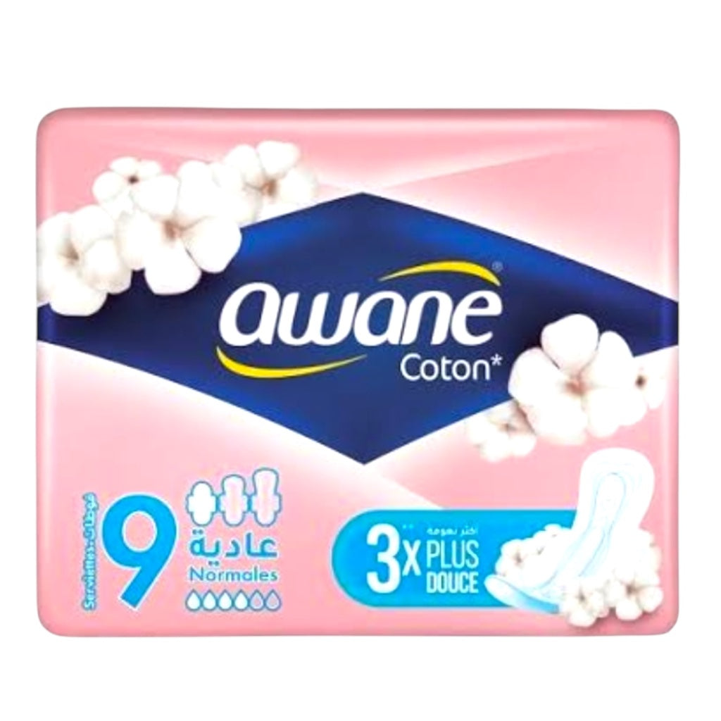 Awane Coton Serviettes Hygiéniques 3X Plus Doux Normales 9Pcs