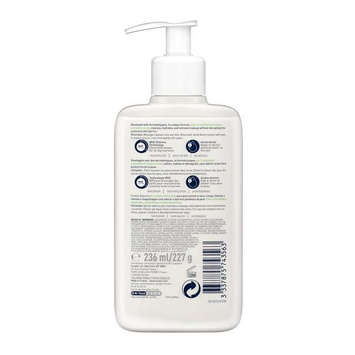 Cerave Crème Moussante Nettoyante Hydratante Visage Pour Les Peaux Normales À Sèches 236Ml