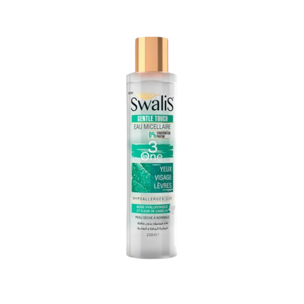 Swalis Gentle Touch Eau Micellaire 0%Conservateur parfum 3Ne Yeux Visage lèvres Hypoallergénique Acide Hyaluronique Et Fleur De Camélia Peau séche À normale