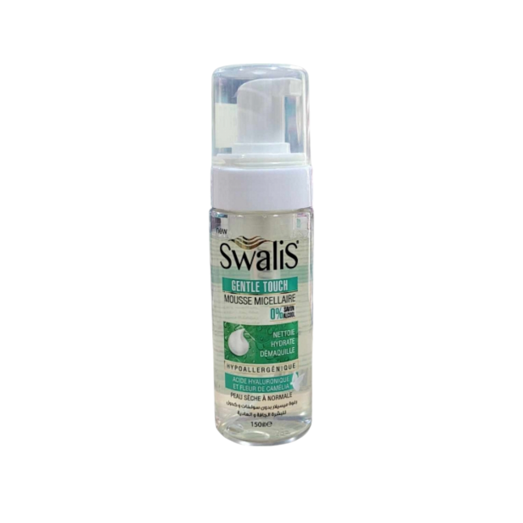 Swalis Gentle Touch Mousse Micellaire  0%Savon Alcool Nettoie Hydrate Démaquille Hypoallergénique Acide Hyaluronique Et Fleur De Camélia Peau séche À normale