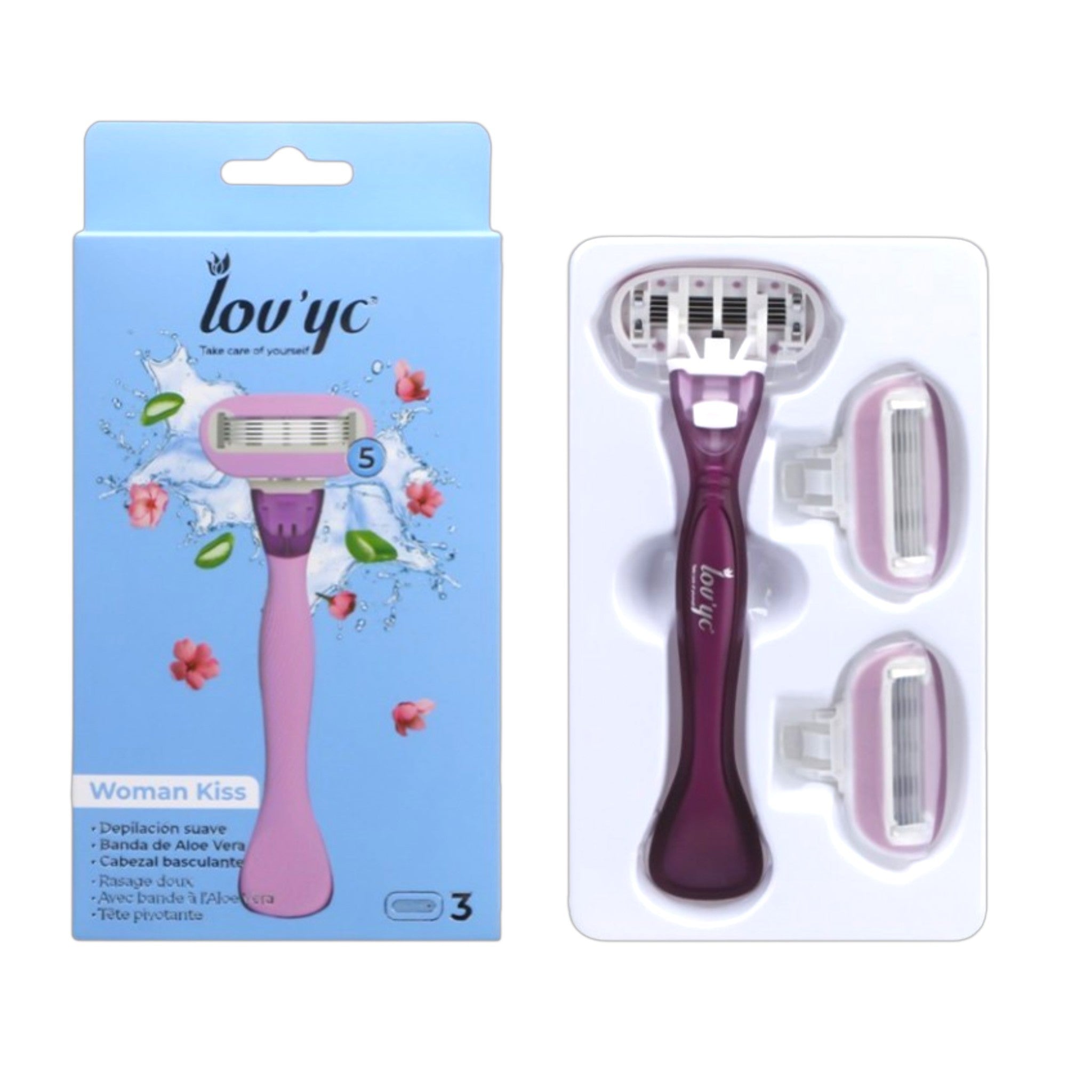 Lov’yc Aloe Vera Rasoir Femme 5 Lames Avec Bandes 3 Têtes De Rechange