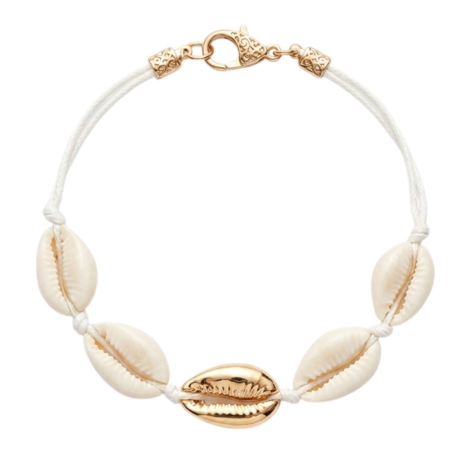 Collier Coquillages Cauris Blanc Et Doré