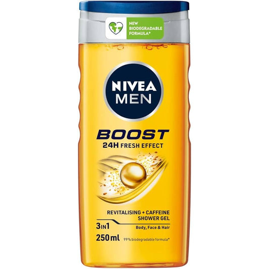 nivea men 3in1 shower gel body wash, boost 24h energy caffeine & biodegradable formula