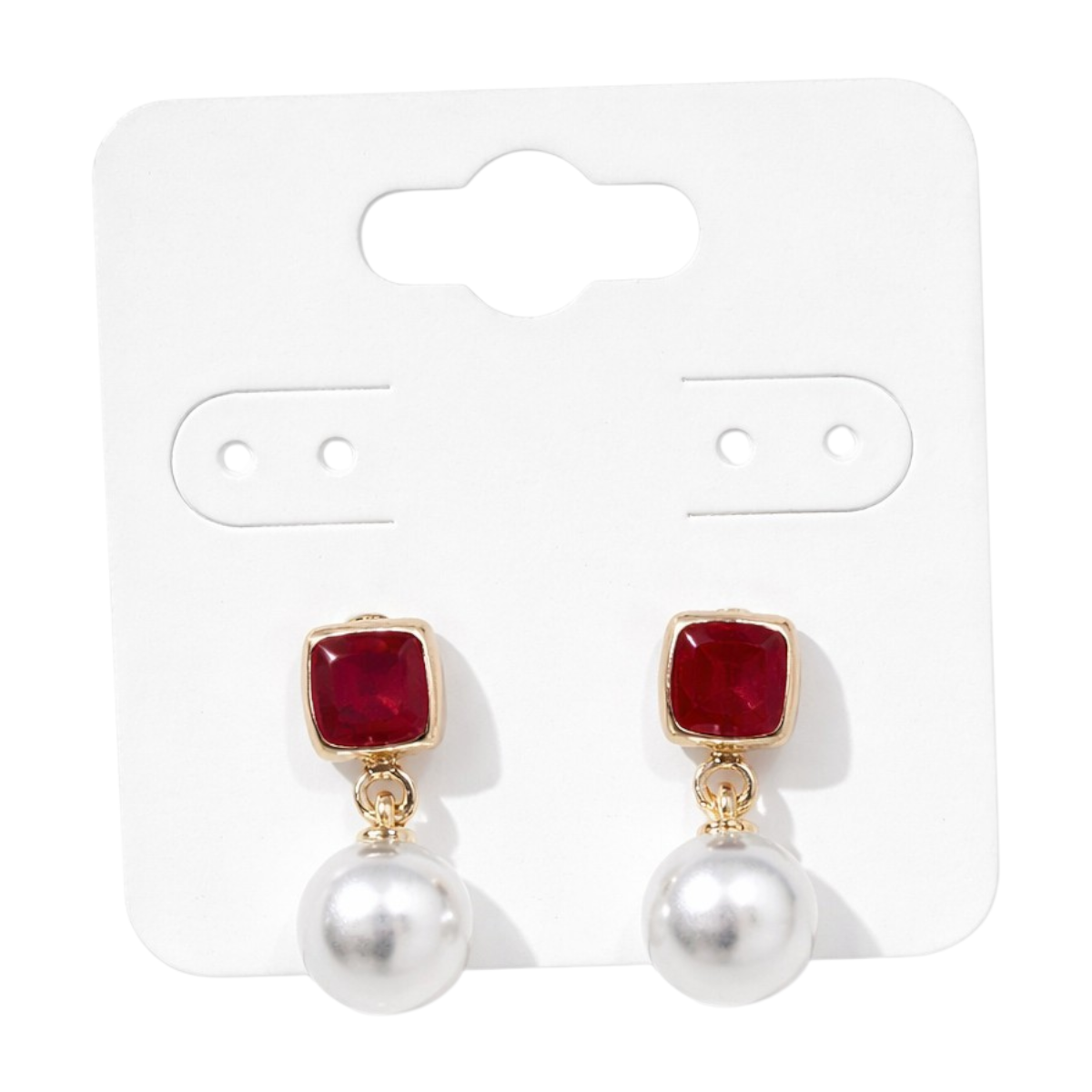Boucles d'oreilles
Carrées en Verre Rouge
et Pendentif Perle