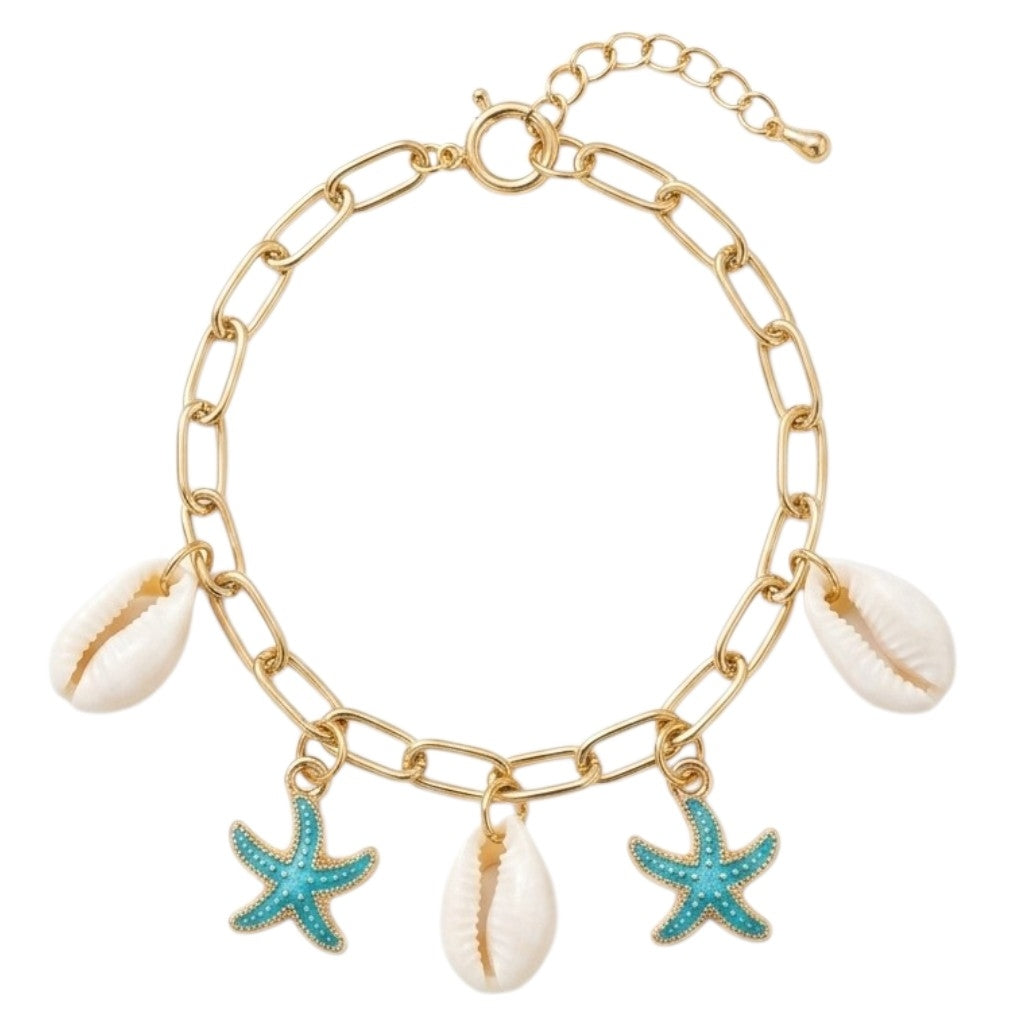 Bracelet Chaîne Dorée Avec Coquillages Et Étoiles De Mer Turquoise