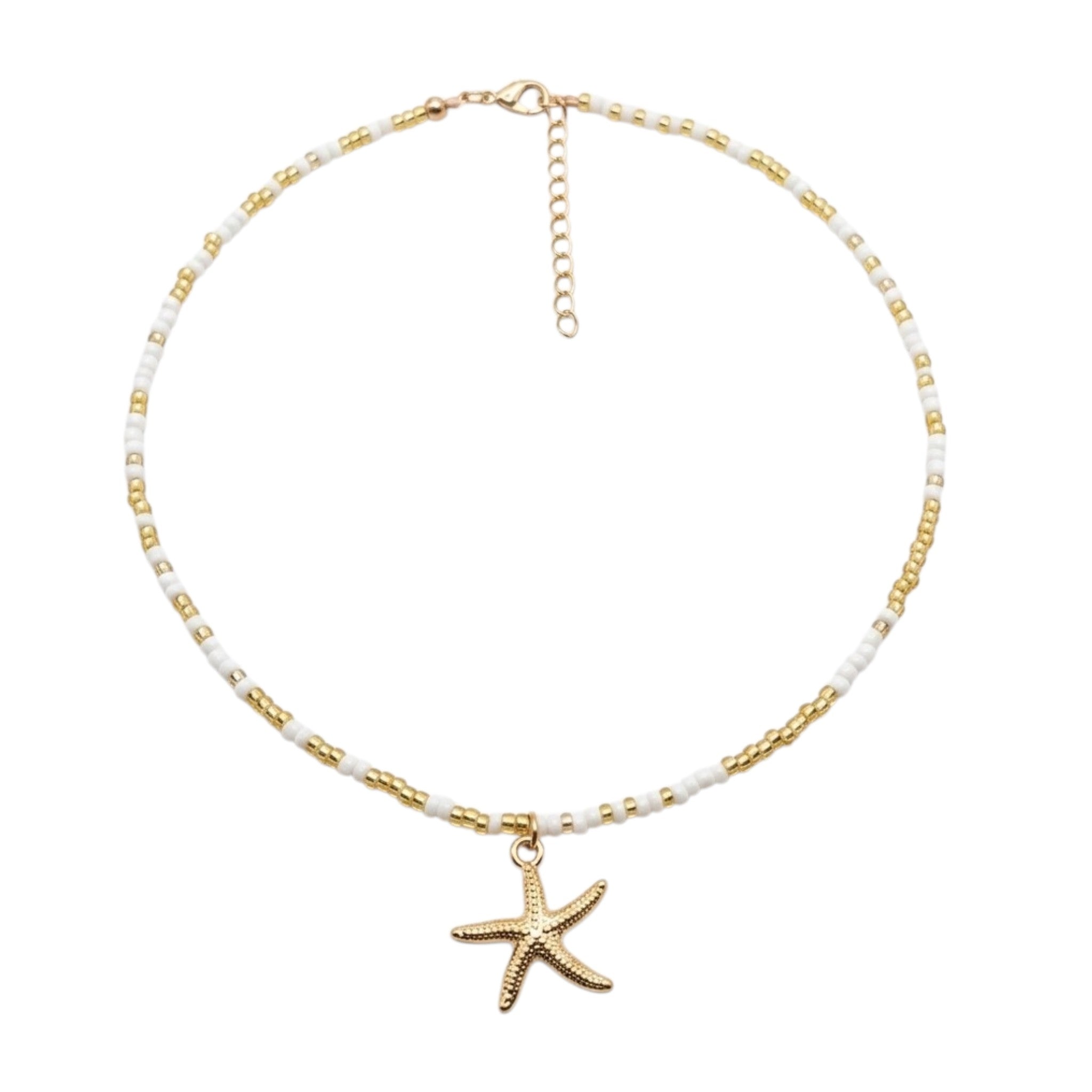 Collier Bohème Chic Blanc & Doré Avec Pendentif Étoile De Mer