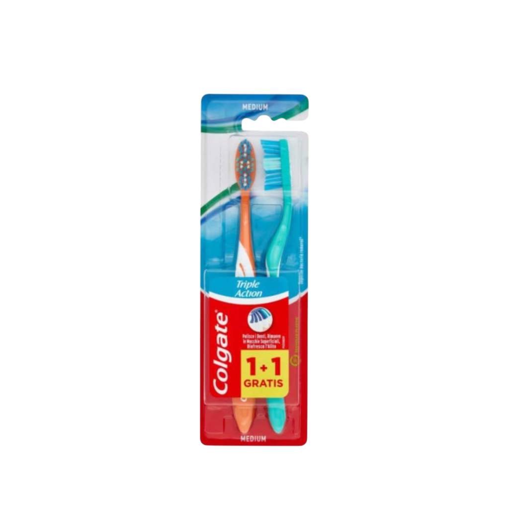 Colgate Brosse à Dent Triple Action Cleans Teeth Removes Surface Stains Freshens Breath Recycled 35% Plastic 1+1 Medium