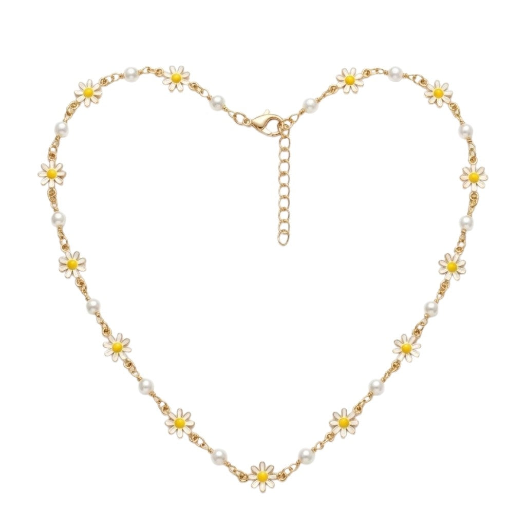 Collier Doré À Fleurs Marguerites Et Perles