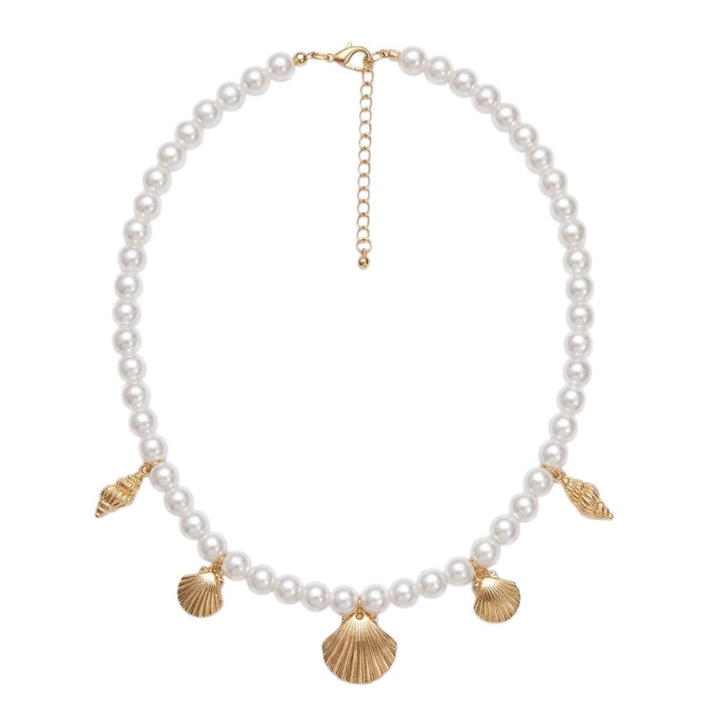 Collier Perles & Coquillages Dorés collier Rétro Marine – Perles Blanches Et Coquillages Sculptés