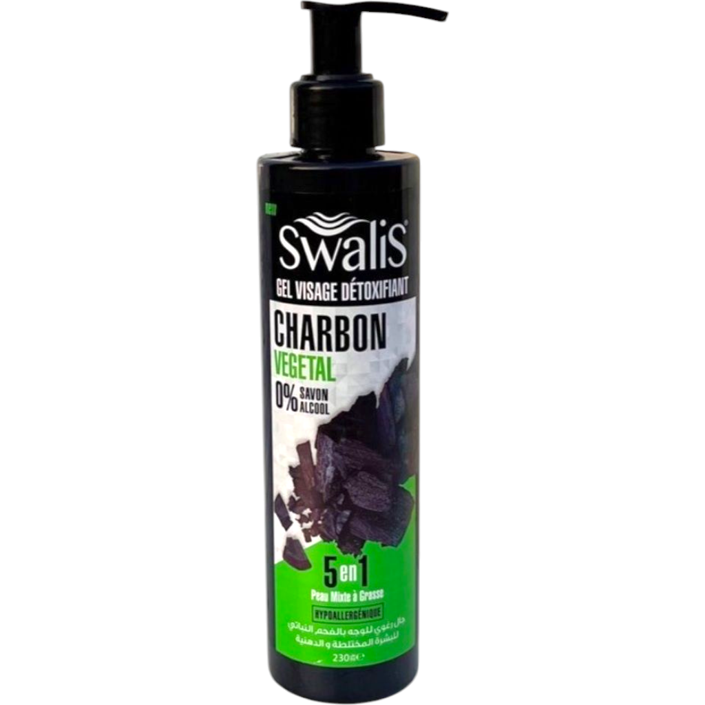 Swalis Gel Visage Détoxifiant Charbon Végétal 0% Savon Alcool 5En1