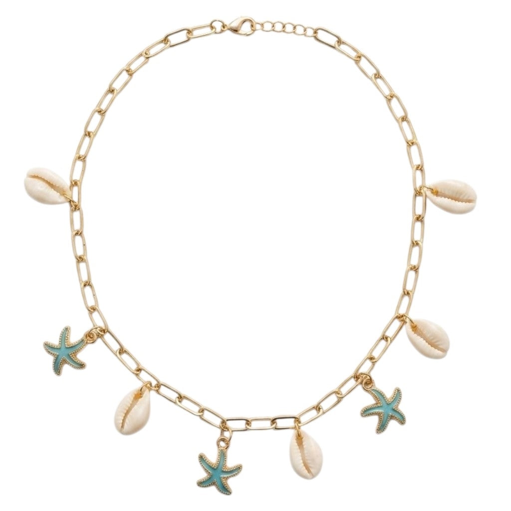 Collier Chaîne Dorée Avec Coquillages Et Étoiles De Mer Turquoise