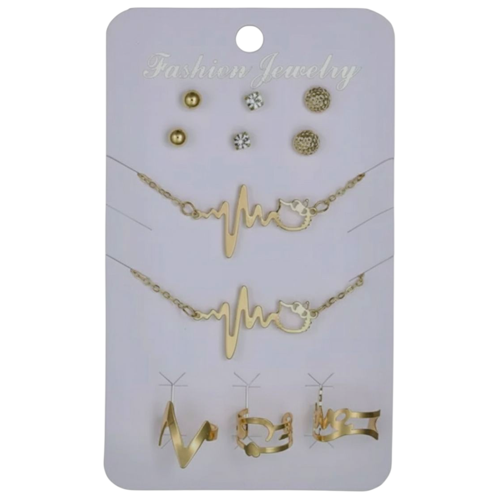 مجموعة مجوهرات على شكل سلسلة من الخرز للنساء والفتيات، أقراط على شكل حب، سوار، خاتم، هالو كيتي، حلية مجوفة، مطلية بالذهب، قلادة على شكل نبضات قلب