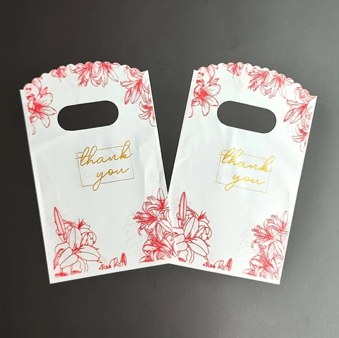 Sac Cadeau Élégant De Remerciement - Motif Floral Rouge Profond Avec Le Mot "Merci" Adapté Pour Bijoux Cadeaux De Fête Mariage